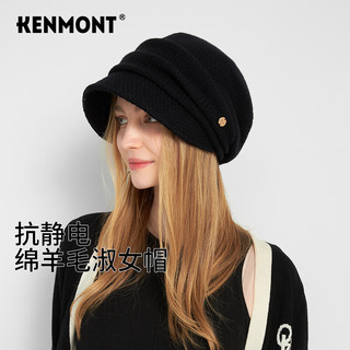 卡蒙（Kenmont）纯色后托绵羊毛鸭舌贝雷帽女显脸小秋冬英伦百搭八角帽km-5253 黑色