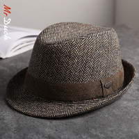 Mr DUCK 经典人字纹羊毛呢礼帽男女绅士帽 英伦复古绅士爵士帽大小头可戴 MW226248-人字咖啡（礼帽） 大码(59-60cm)