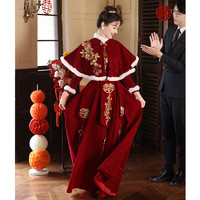 塞德勒中式敬酒服2023新娘订婚加绒旗袍结婚礼服女红色冬季回门长袖 酒红色披肩款 S（86-95斤)