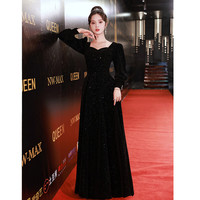 塞德勒黑色丝绒晚礼服裙女2022长袖名媛高端小众轻奢长款艺考 黑色 XL (116-125斤)