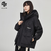 ALLIN 黑色连帽羽绒服男款冬季鸭绒美式潮牌加厚保暖工装外套