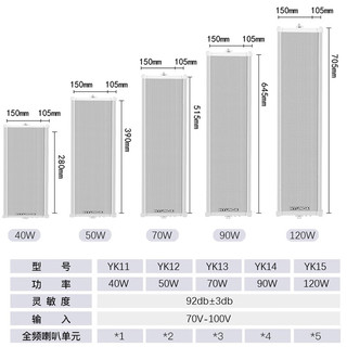 HYUNDAI 现代YK13防水音柱音箱 壁挂音响室户外定压会议学校公共广播背景音乐工程门店竖箱广场音箱 70W 70W无源音柱（需连接功放）