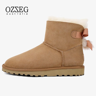 OZZEG澳洲雪地靴女冬季羊皮毛一体短筒女靴厚底防滑加绒保暖真皮棉鞋 栗色 37