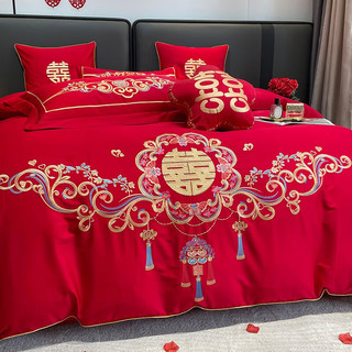 恒源祥结婚四件套中式婚礼婚房喜被大红被套被罩双面设计婚庆床上用品 同心缘（床单款） 1.5m床【适合200*230cm喜被】