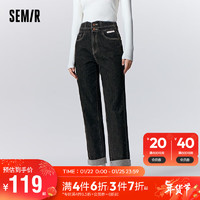 森马（Semir）牛仔裤女高腰抓绒直筒裤小个子2023冬纯棉长裤酷飒风109723124002 牛仔水洗黑98201 27