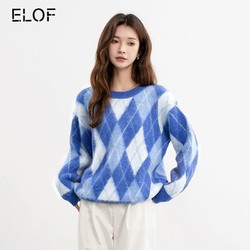 ELOF 设计感小众慵懒风菱格毛衣女2024新绵羊毛外套宽松遮臀针织衫