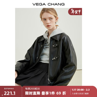 VEGA CHANG 机车皮衣女春2024年韩版bf风一字扣PU皮夹克外套 黑色 S