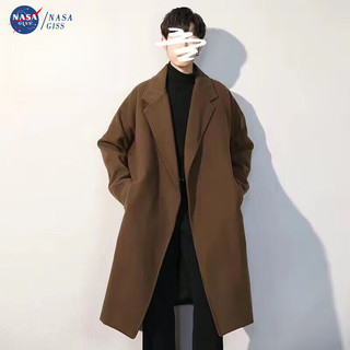 NASA GISS高档毛呢外套男士秋冬季过膝中长款呢子大衣加厚保暖风衣休闲 0375棕色 M 100-130斤