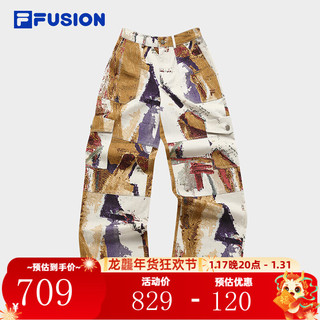 FILA 斐乐 FUSION斐乐潮牌梭织长裤女2024春季时尚休闲满印阔腿裤 灰麦色-BG 155/58A/XS