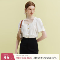 范思蓝恩23FS12576法式优雅U型领压褶设计感小衫通勤简约衬衣女 白色 XL