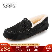 OZZEG澳洲豆豆鞋女冬季皮毛一体加绒保暖休闲棉鞋平底防滑鞋一脚蹬 黑色 38