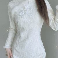 杜艳枝秋冬复古改良旗袍年轻款针织拼接兔毛厚蕾丝保暖新年连衣裙潮 米白色 M95-105斤