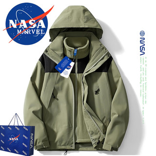 NASA MARVEL 冲锋衣男秋冬三合一防风加厚连帽外套户外登山装 黑色 2XL  黑色（三合一） 2XL-（165斤-185斤）