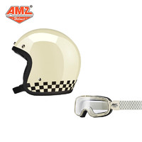AMZ复古摩托车头盔男夏季玻璃钢机车女四季骑行电动车四分之三帽 黑白格亮白+白框白线风镜 2XL