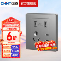 CHNT 正泰 插座面板窄边框大面板86型墙壁二三插电源NEW2W浅灰色 双USB五孔10A