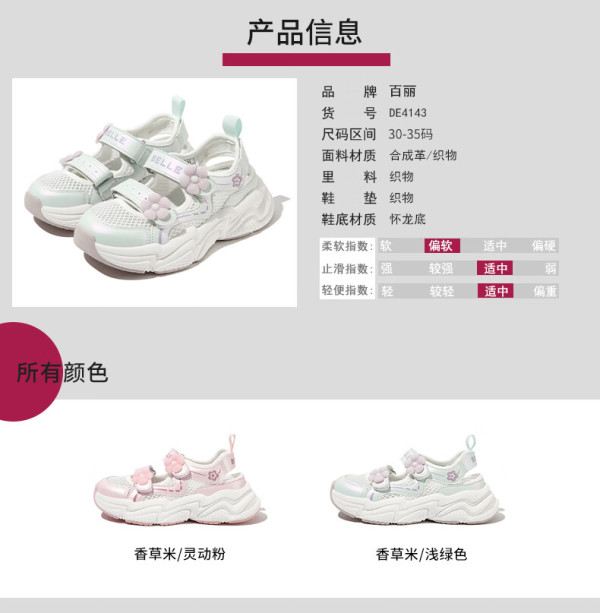 belle 百丽 童鞋24年春夏儿童运动鞋透气网面鞋女童时尚休闲鞋 粉色34