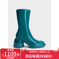 CHARLES&KEITH潮流女鞋短靴高帮靴小ck漆皮粗跟4.5cm创意造型时装靴朋克风 Turquoise 5