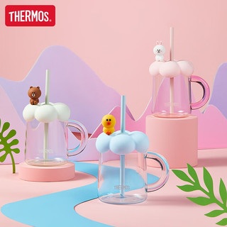 膳魔师（THERMOS）朱一龙同款LINE FRIENDS联名泡泡花朵泡芙玻璃杯儿童吸管杯 500ml 【花朵杯】粉色CONY