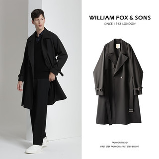 William fox&sons威廉福克斯设计师款/立体剪裁风衣男腰带装饰层次感休闲长款外套 黑色 L/50