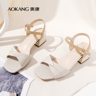奥康（Aokang）女鞋 夏季清新亮丽一字带凉鞋舒适轻便凉鞋女 米/绿1220811001K 35