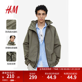 H&M 男装风衣2023冬季标准版型疏水连帽长袖合身抽绳外套1129749 绿色 165/84A