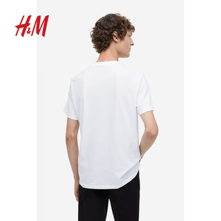 H&M 男装T恤圆领男士短袖纯棉上衣纯色打底衫0685816 白色 175/108A