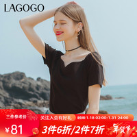 Lagogo拉谷谷夏黑色V领露肩休闲短袖T恤女气质上衣薄款KATT333G02 黑色(W1) 160/M/38