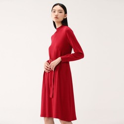 Purcotton 全棉时代 秋冬女士棉线连衣裙 半高领收腰红色中长裙 修身打底百搭