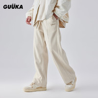 GUUKA 古由卡 米色灯芯绒拼接直筒裤 松紧抽绳运动休闲裤
