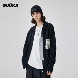GUUKA 古由卡 黑色开衫翻领毛衣男潮 青少年嘻哈拉链针织外套宽松