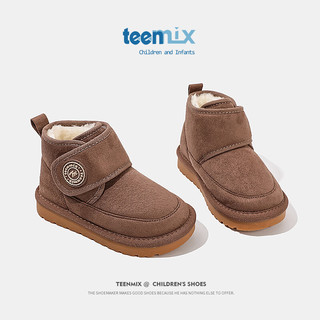 天美意（TEENMIX）天美意儿童雪地靴加绒大棉靴女童韩版短筒靴子保暖鞋 卡其色 30码