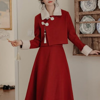 花九卿新年战袍新中式中式盘扣国风套装秋冬季红色小个子一整套 红色套装(挂饰) L