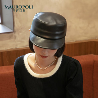 玛芮百利（Mauro Poli）皮质黑色复古圆顶鸭舌帽女冬长檐前进帽百搭马术帽子潮 黑色 可调节M（53-57.5cm）