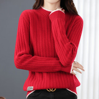 初申新年红秋冬半高领针织衫女撞色边坑条毛衣打底衫上衣 SW1JZS316 红色