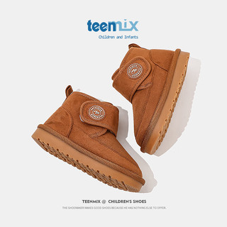 天美意（TEENMIX）天美意儿童雪地靴加绒大棉靴女童韩版短筒靴子保暖鞋 驼色 36码