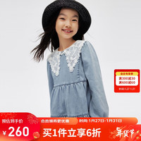 Annil 安奈儿 童装女童连衣裙纯色2024春装蓝色牛仔裙子 中蓝牛仔 150