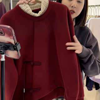 BTTKDL假两件卫衣女2024年宽松贺岁新中式上衣时尚减龄外套年服潮 新年红 XL 