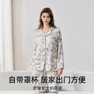 嫚熙（EMXEE）【】春秋女士弹力丝麻棉睡衣长袖家居服套装2024 【胸垫款设计】佛洛伦萨庄园 L