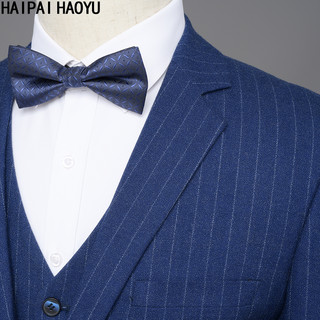 HAIPAIHAOYU 商务西服套装男竖条纹修身职业微弹力西装 蓝色条纹 165上衣30裤子
