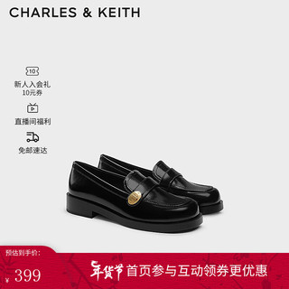 CHARLES&KEITH24春复古金属扣粗跟乐福鞋小皮鞋子女鞋女士CK1-70920143 Black Box黑色 37