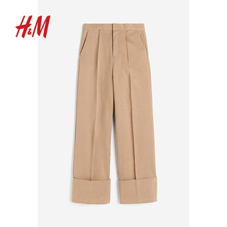 H&M2024春季女士裤腿烫折斜纹长裤1218395 米色 155/60A 32