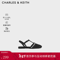 CHARLES&KEITH24春季缎面亮钻T字带儿童平底凉鞋CK9-70900090 BLACK TEXTURED黑色纹理 21码