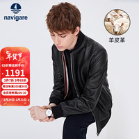 Navigare意大利小帆船真皮皮衣男士秋季羊皮外套棒球领时尚皮夹克 暗夜黑 XL/52