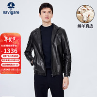Navigare意大利小帆船皮衣男秋季新款羊皮保暖外套连帽防风机车服 暗夜黑 L/50