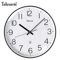 天王星（Telesonic）挂钟挂墙客厅简约家用自动对时电波钟万年历温度时钟表 白面黑直径30CM（12英寸）
