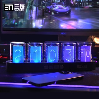 三每RGB拟辉光管时钟Led彩色台钟电脑桌桌搭创意科技电子摆件H10 木纹色
