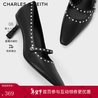 CHARLES&KEITH23冬季小方头铆钉高跟鞋玛丽珍鞋女CK1-61720168 Black黑色 35