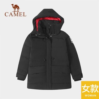 CAMEL 骆驼 户外中长款羽绒服冬季工装派克服 A1W1NT111，黑色，女 XL