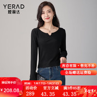 娅丽达（YERAD）设计感v领休闲打底T恤女长袖2024春季显瘦内搭上衣 黑色(A0) M