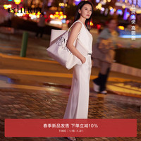 edition【高圆圆同款】半身裙女2024春前后拼接三醋酸羊毛开衩长裙 米白色  S/160